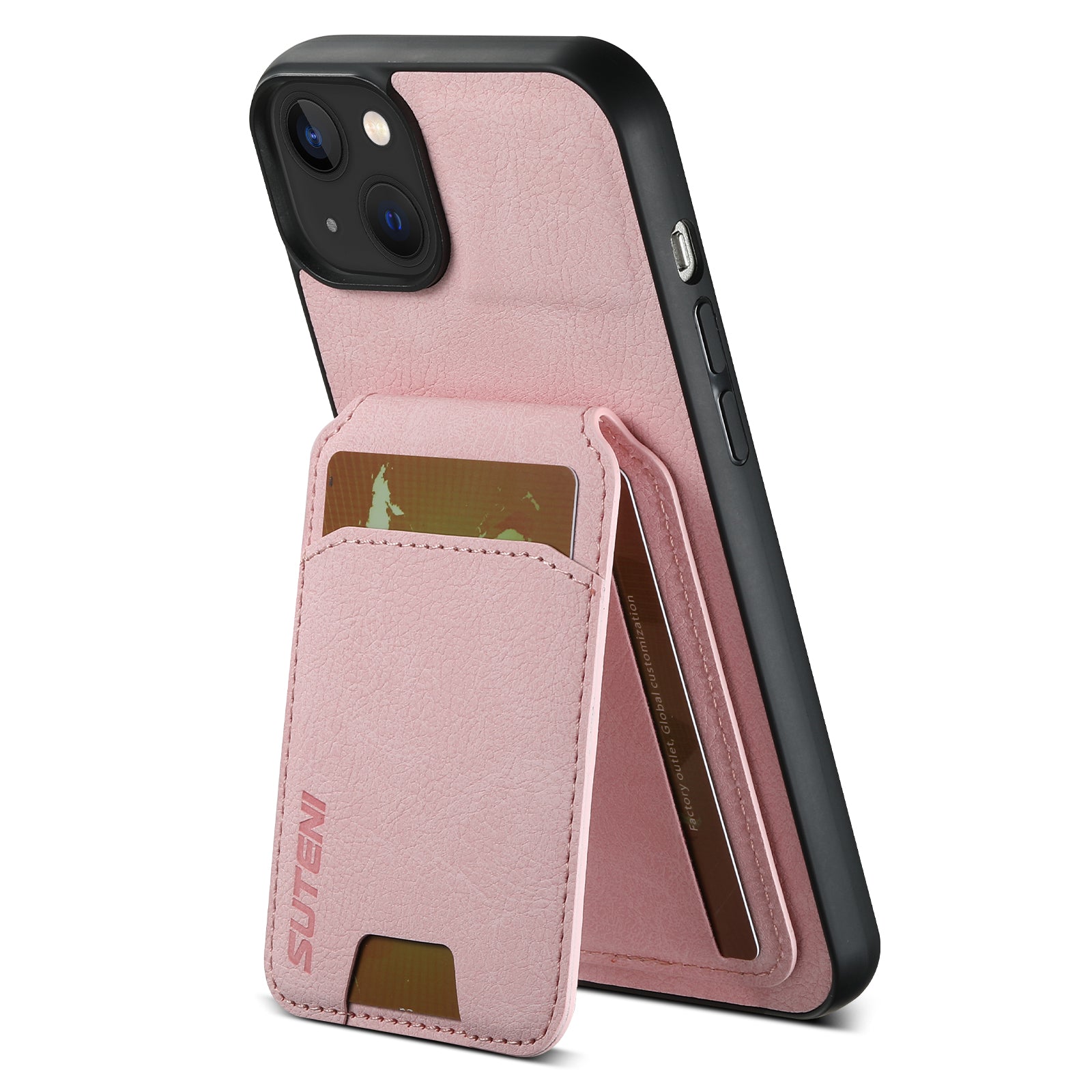 SUTENI H02 For iPhone 13 6.1 inch Case Litchi Texture Vertical Flip Kickstand Phone Cover - Pink SUTENI H02 For iPhone 13 6.1 inch Case Litchi Texture Vertical Flip Kickstand Phone Cover - Pink